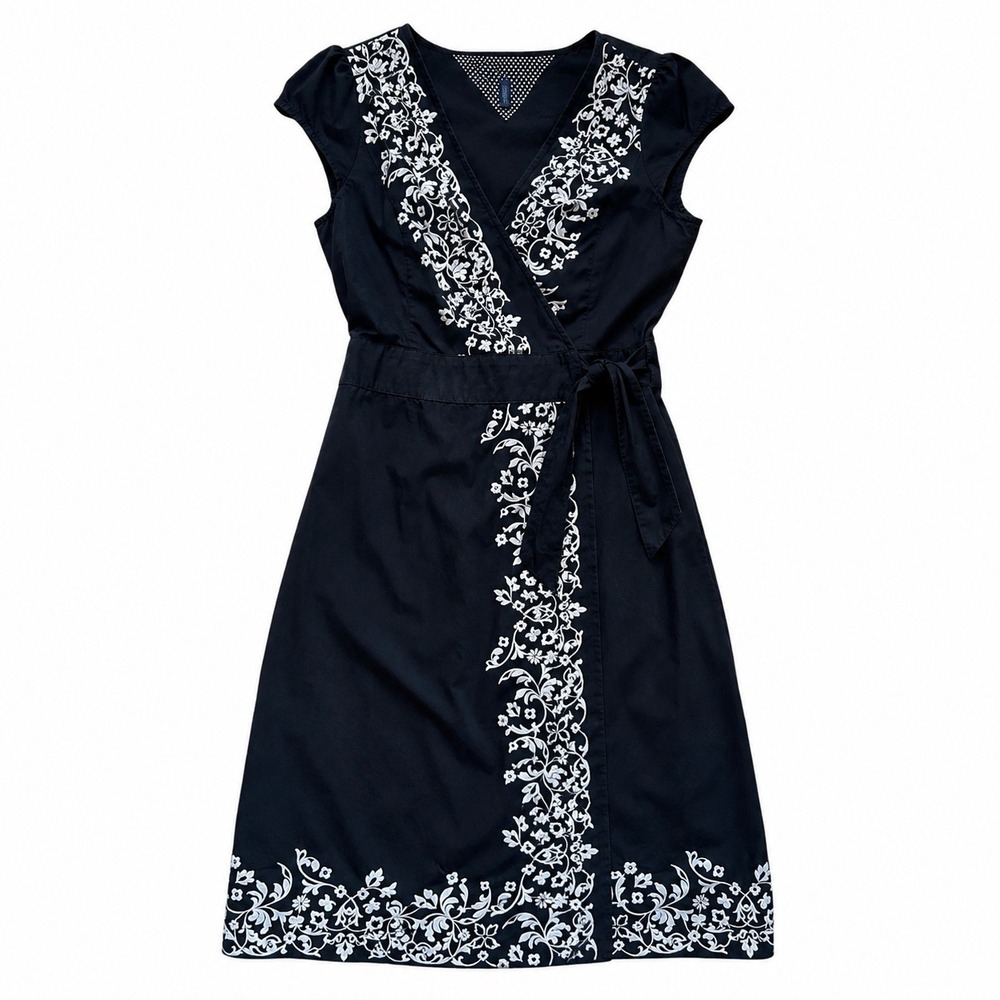 Tommy Hilfiger Womens‎ Black Floral Embroidered Cotton Wrap Dress Size S Small